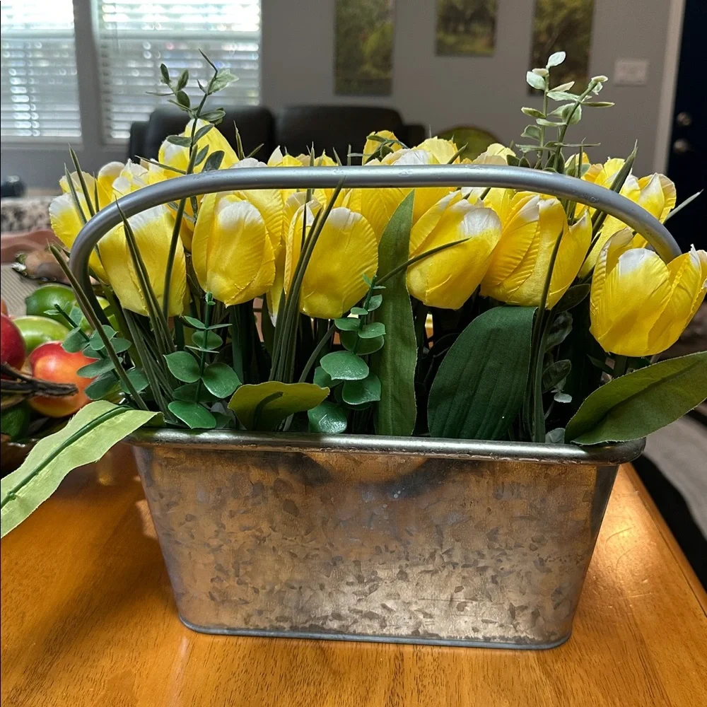 Yellow Tulip Faux Floral Arrangement in Galvanized Planter